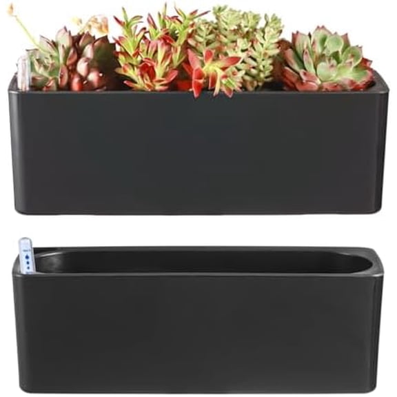 2 Pack Rectangular Self Watering Planter 15.6 x 5.4 in Window Sill Planters Indoor Rectangle Planter Self Watering Pots Plastic Plant pots with Drainage Holes Black Flower Pot (Black)