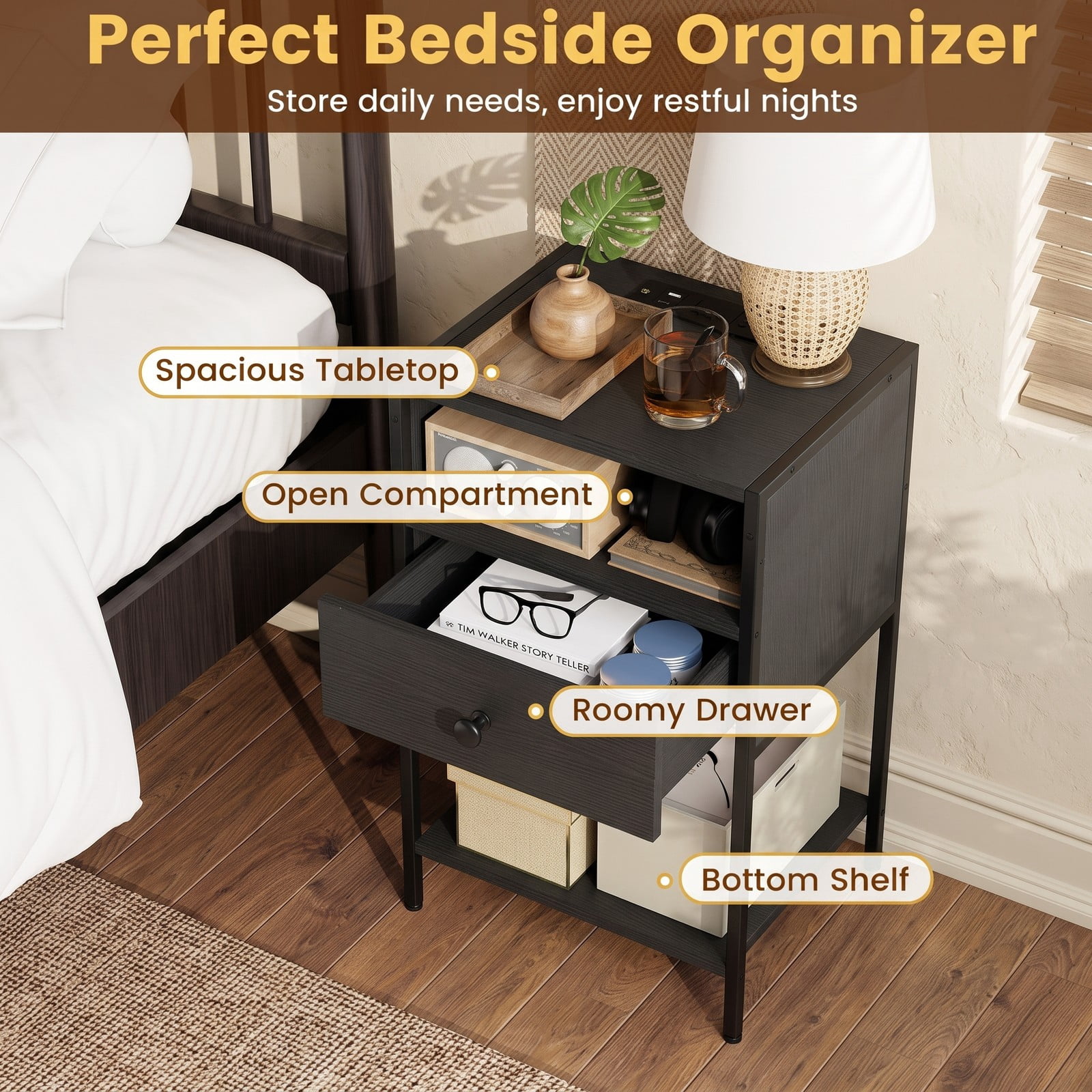 Furnibear Nightstand with Charging Station and USB Type-C Ports plus Drawer and Open Shelf for Bedroom and Living Room, Black