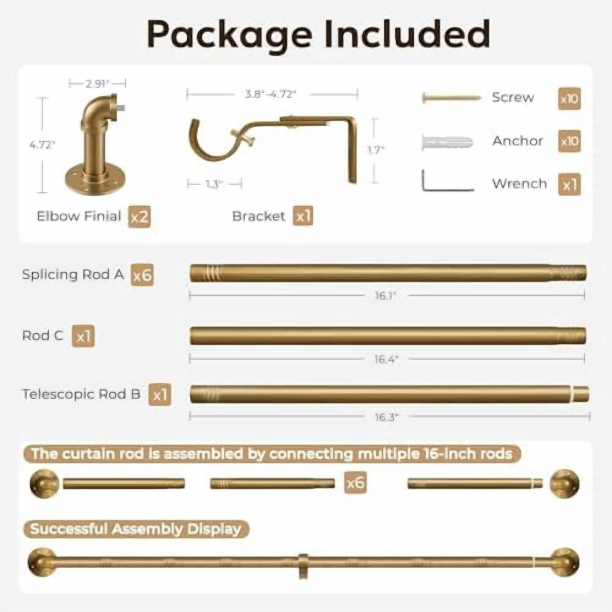 Curtain Rods for Windows 66 to 120, 1 Inch Industrial Wrap Around Warm Gold Curtain Rod, Indoor/Outdoor Room Divider Adjustable Drapery Pole, 66"-120"