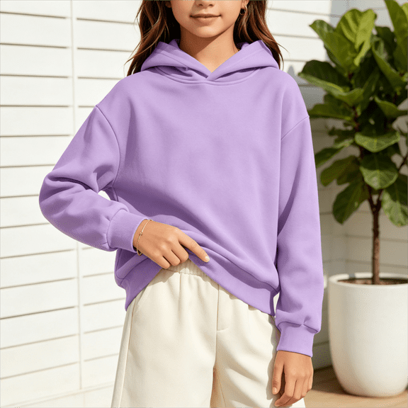 Caywon Kids' Snug Solid Color Pullover Hoodie with Kangaroo Pocket and Ribbed Cuffs, Loose Cut Casual Sweatshirt for Fall and Winter School Wear