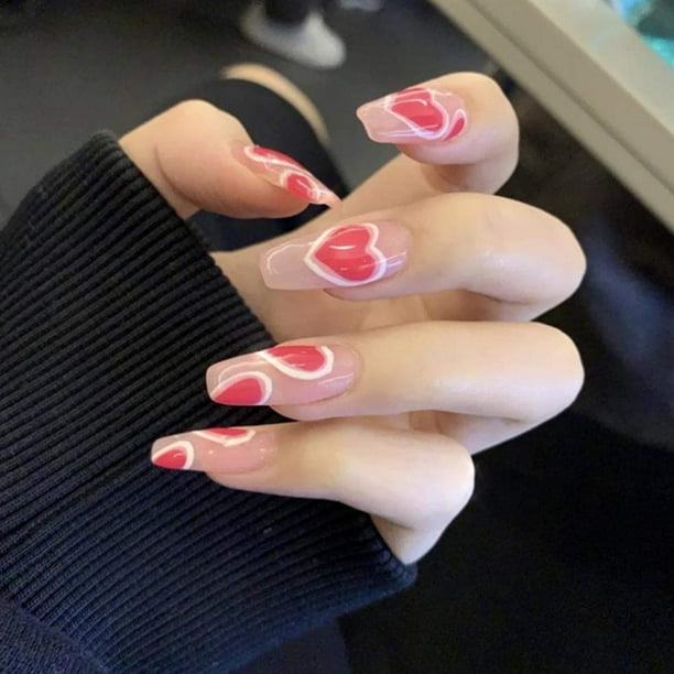 24pcs Fashion Full Cover Coffin Pattern Acrylic Fake Nails Tips Clip Press On Acrylic False Nails Kits With Design For Women And Girls Rose Pink Walmart Com