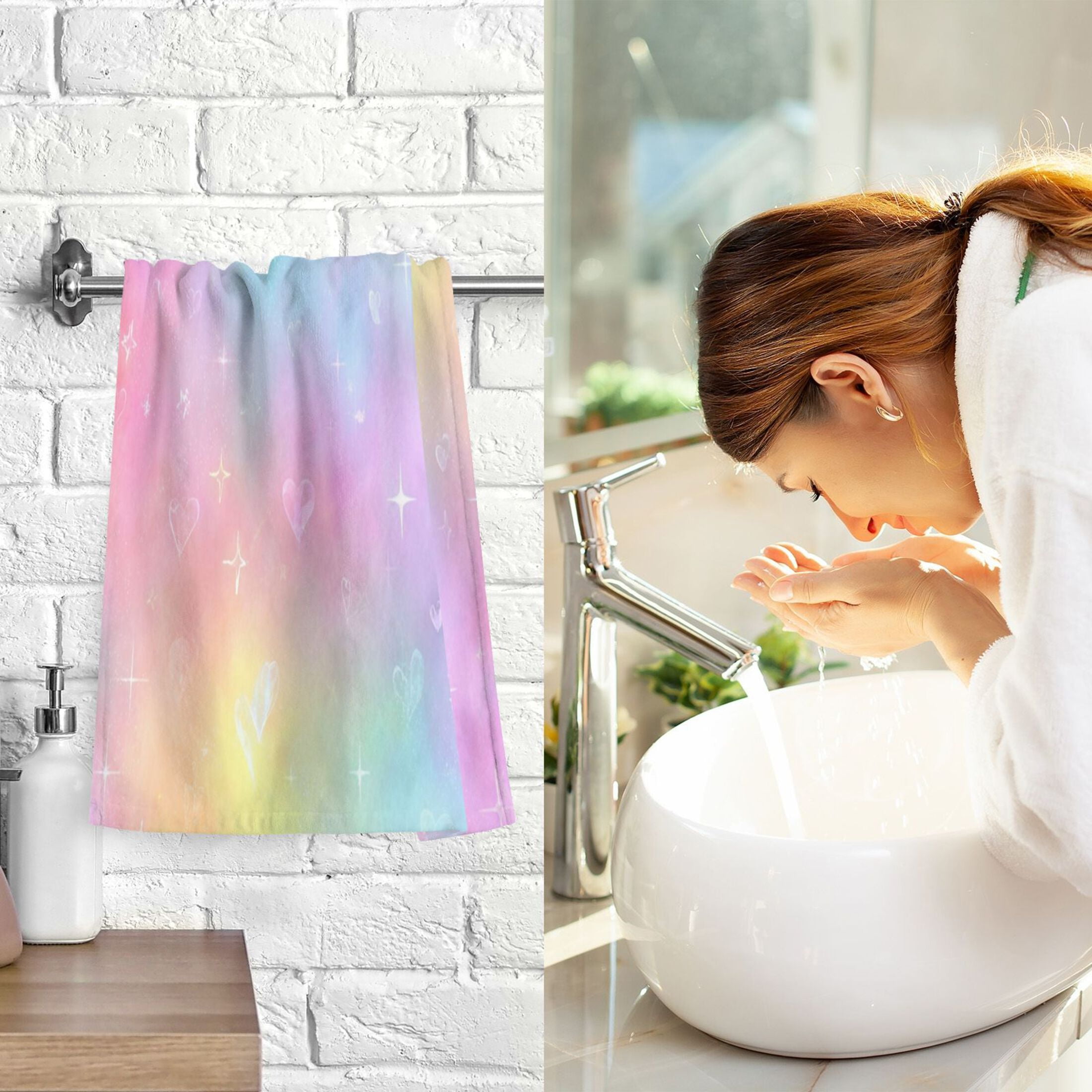 2 Pcs Hand Towels Sets Pastel Rainbow Tie-dye Cotton Towel Set Absorbent Face Towel for Bathroom Kitchen Shower Hotel Decor