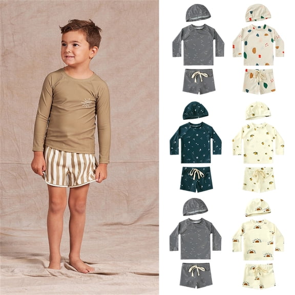 Toddler Swimsuit Boy Kids Boys Floral Swimwear 3 Piece Set Long Sleeve Rash Guard with Cap Beige 2-3 Years