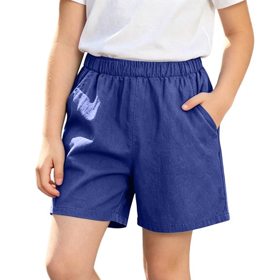 Big Girls Pull on Denim Shorts, Stretchy Jeans Shorts Casual Loose Elastic Waist Straight Leg Denim Short Pants with Pockets Dark Blue 13 Years