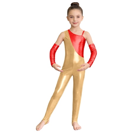 TiaoBug Kids Girls Shiny Metallic Dance Unitard Sleeveless Full Length Jumpsuit Gymnastics Leotard with Arm Sleeves Gold 6
