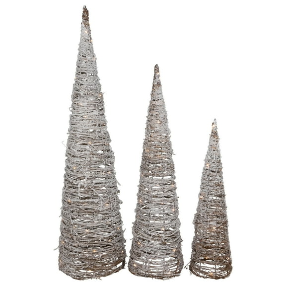 Northlight LED Lighted Snowy Rattan Christmas Cone Tree Decorations - 3.25' - Set of 3