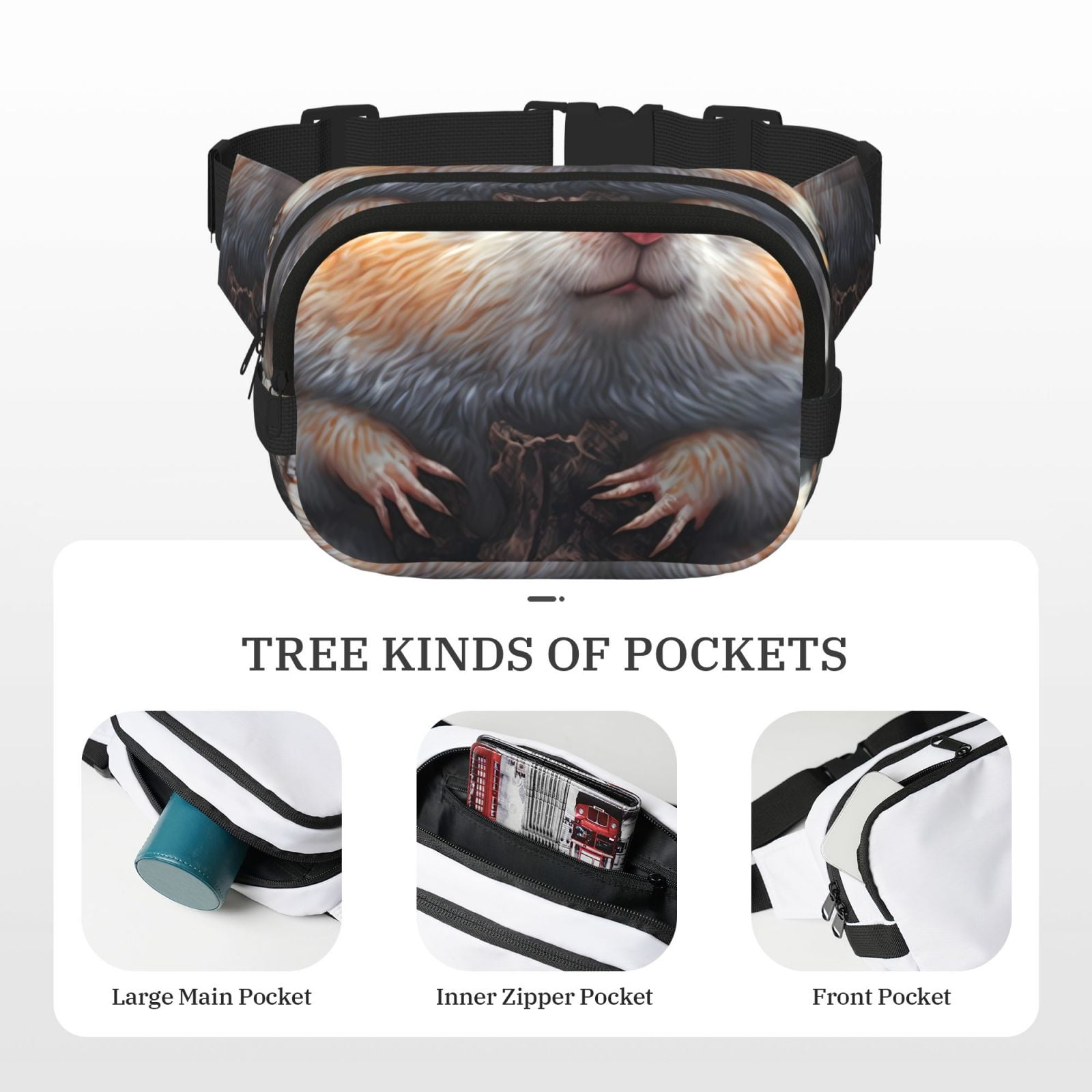 Picia Cute Fat Ball Branch Print Square Double-Layer Waist Bag Mini Adjustable Waist Belt Bag Exercise Running Travel Hiking