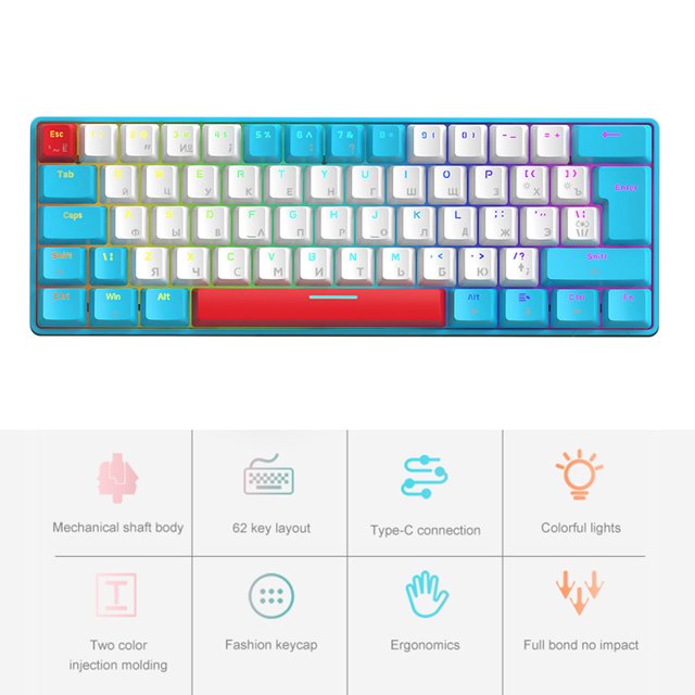 Teclado para juegos T60, interruptor rojo/azul, 62 teclas, teclado con cable para juegos, Mini USB con cable