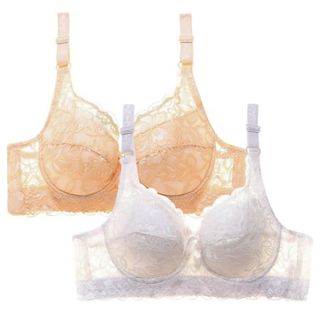 WREESH Womens Lace Bralette Push Up Soft Padded Bras Wireless Plunge Bra Adjustable Strap Comfortable Everyday Bras 2 Pack Beige