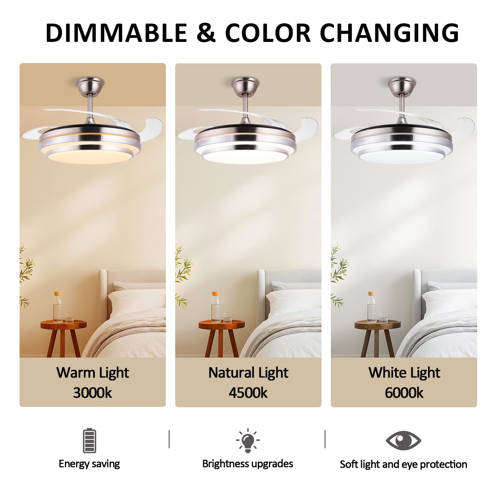 Jacgood 42in 2-in-1 Retractable Ceiling Fan with Dimmable LED Light, Brushed Nickel Fandelier, 6-Speed Quiet DC Motor & Remote Control for Bedroom/Living Room