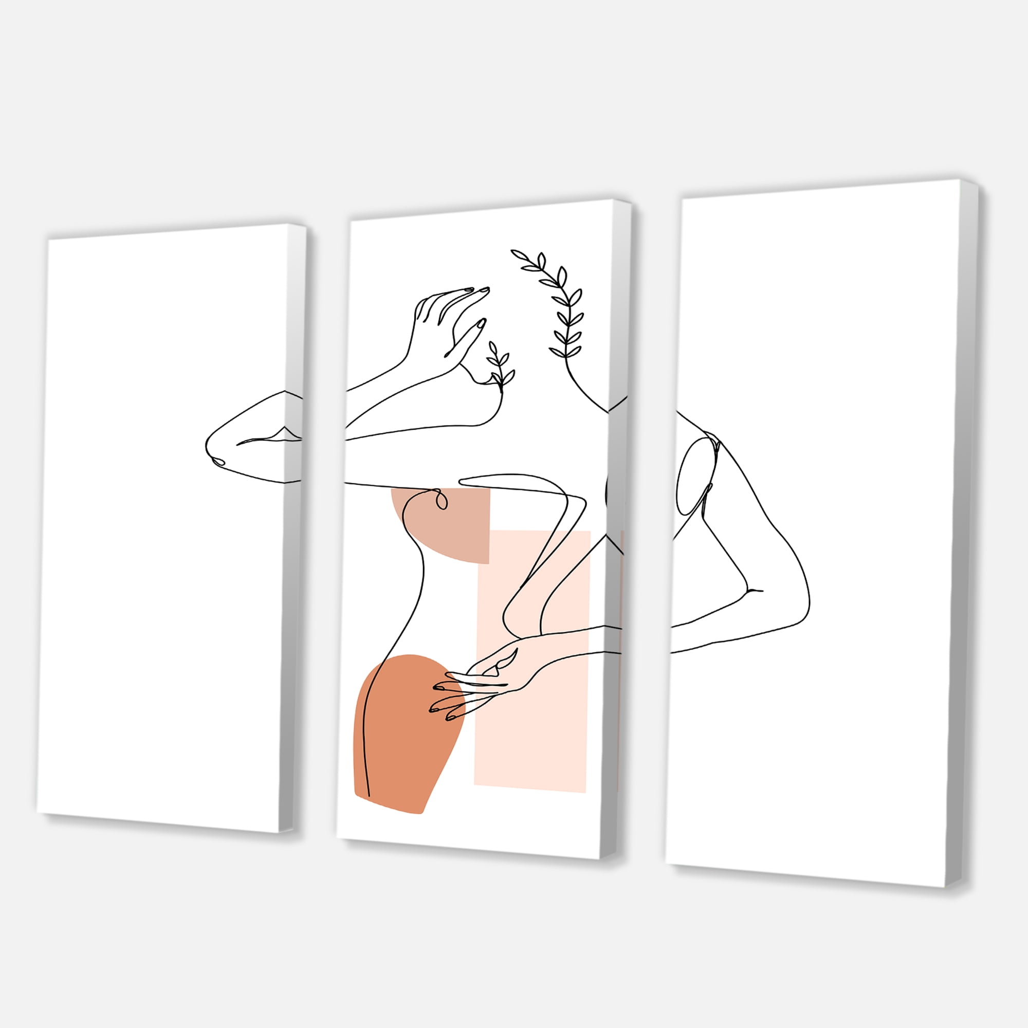 One Line Woman Portrait With Shapes and Leaves II 28 in x 36 in Painting Canvas Art Print, by Designart