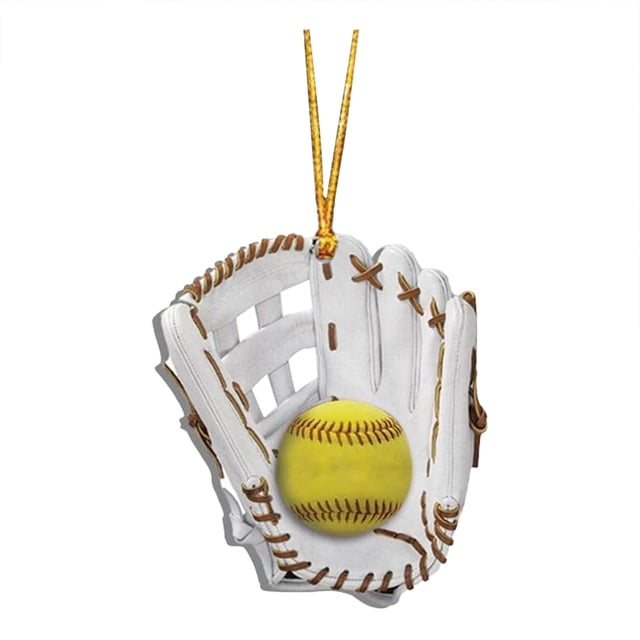 adorno de béisbol y guante, decoración acrílica para árbol de navidad, regalo perfecto para fanáticos y jugadores de béisbol, 8 cm de alto — vista frontal de un guante blanco con cordones marrones que sostiene una pelota amarilla; resina con acabado liso, cuerda dorada incluida para colgar, 3.1 pulgadas (8 cm) de alto, también apto como pieza de colección para estanterías pequeñas.
