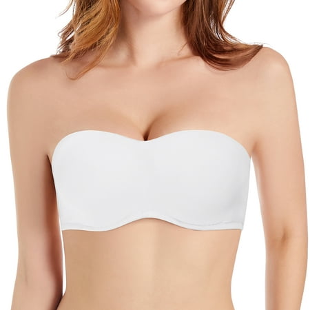 

YANDW Strapless Full Coverage Push Up Removable Pads Multiway Convertible underwire Bandeau Bras with Clear Straps White 34G