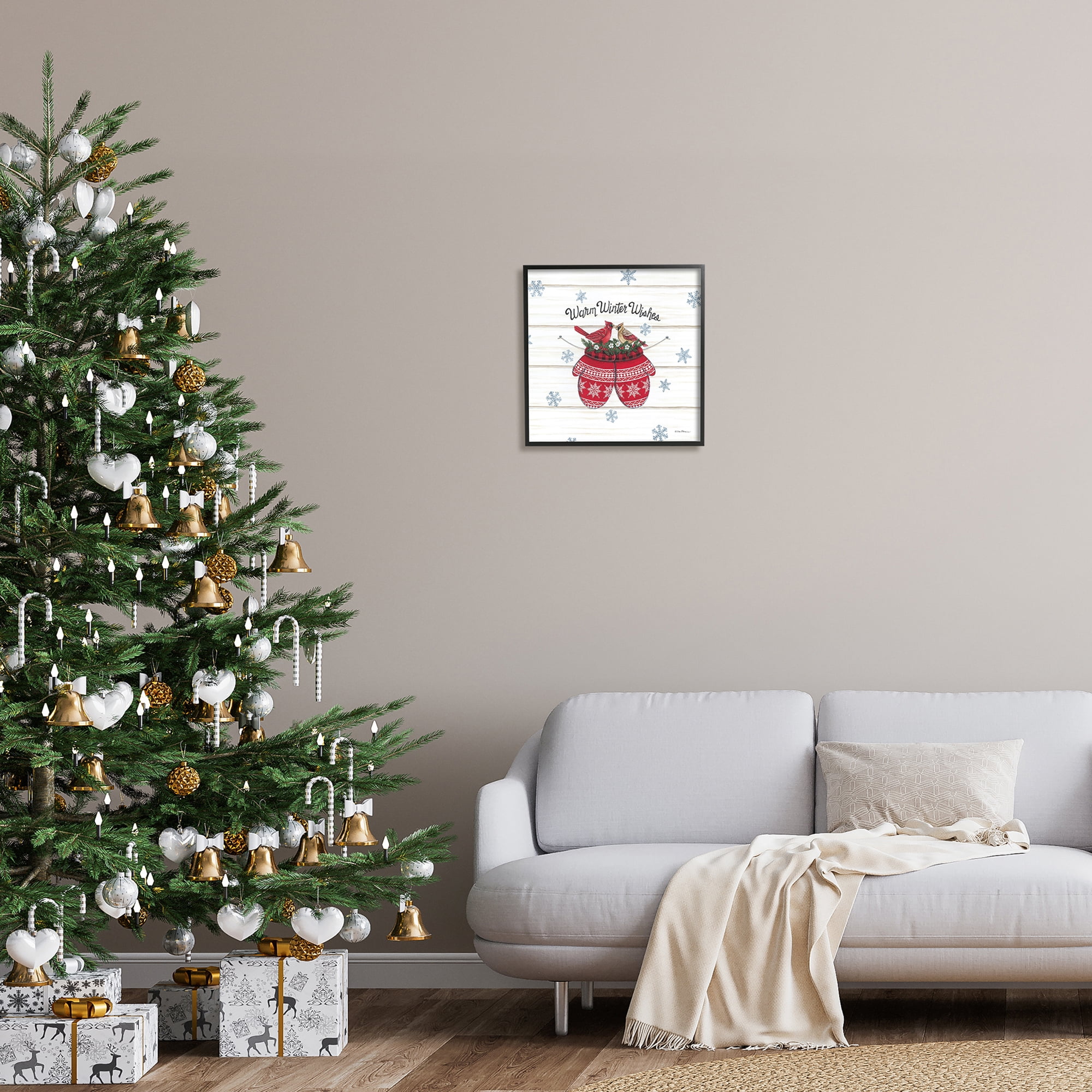 Warm Winter Wishes Cardinals Perched Festive Mittens Inspirational Graphic Art Framed Art Print Wall Art