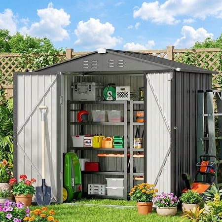 Outdoor Storage Shed 8 x 6 FT, Lofka Galvanized Metal Garden Shed with Double Lockable Doors, Outdoor Storage Clearance for Backyard Patio -Gray