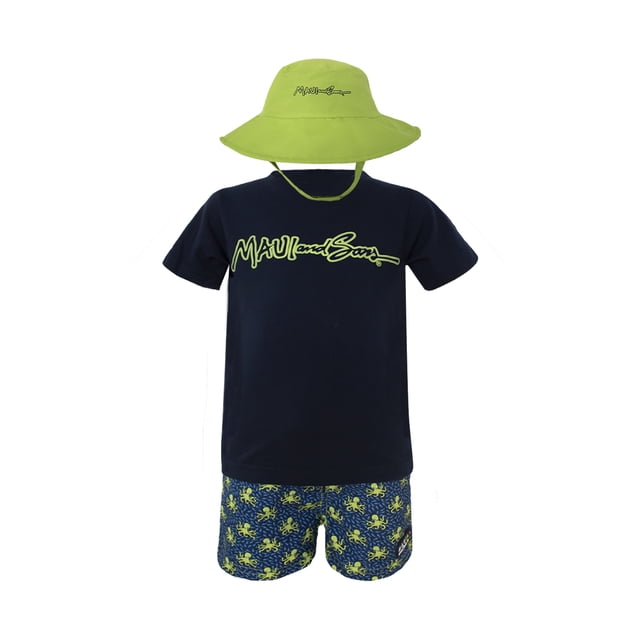 CONJUNTO 3PZS PARA BEBO TRAJE DE BAÑO, PLAYERA Y SOMBRERO REVERSIBLE MAUI AND SONS 134861