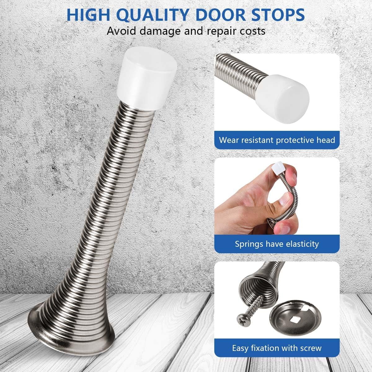 12 Pack Spring Door Stops 3 1/4 Inch Flexible Heavy Duty Spring Door Stopper with RustProof Screw Rubber Bumper Tips (Satin Nickel)