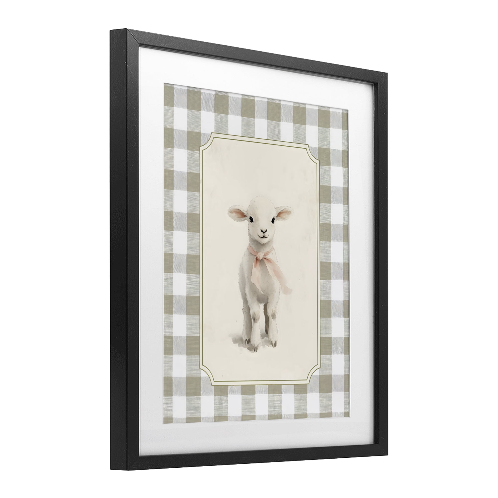Stupell Industries Gingham Lamb with Pink Ribbon Black Framed Print Under Glass, design by Arlington Prints