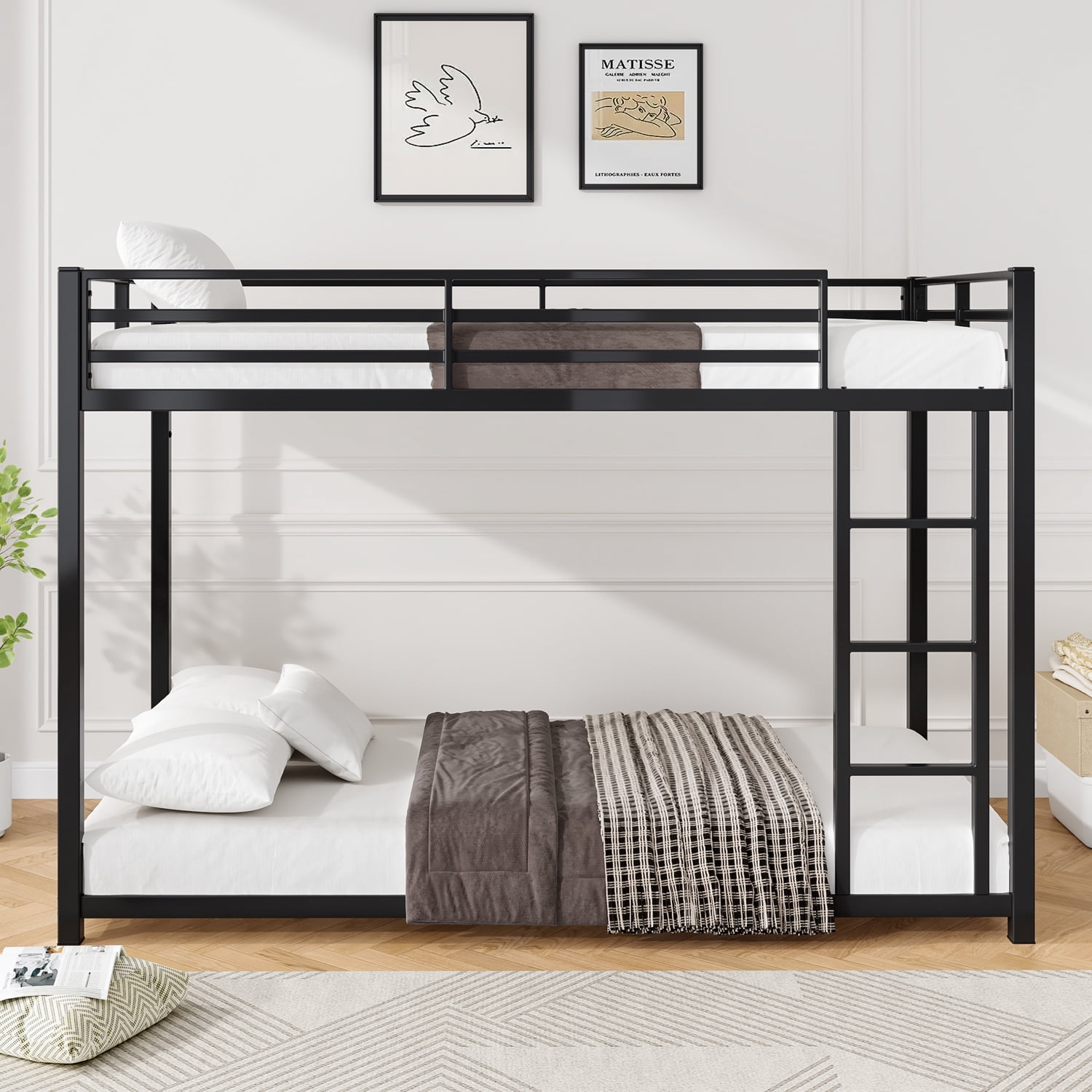 Miniyam Twin over Twin Metal Bunk Bed for Kids with Ladder and Safety Guardrails, Space-Saving Powder-Coated Steel Frame, Black