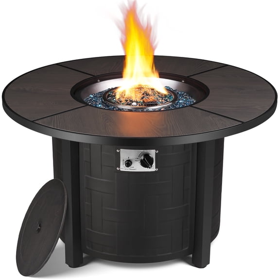 Arlopu 42in Round Propane Fire Pit Table, 50,000 BTU Outdoor Gas Firepit Table with Fire Glass, Metal Lid & Waterproof Cover
