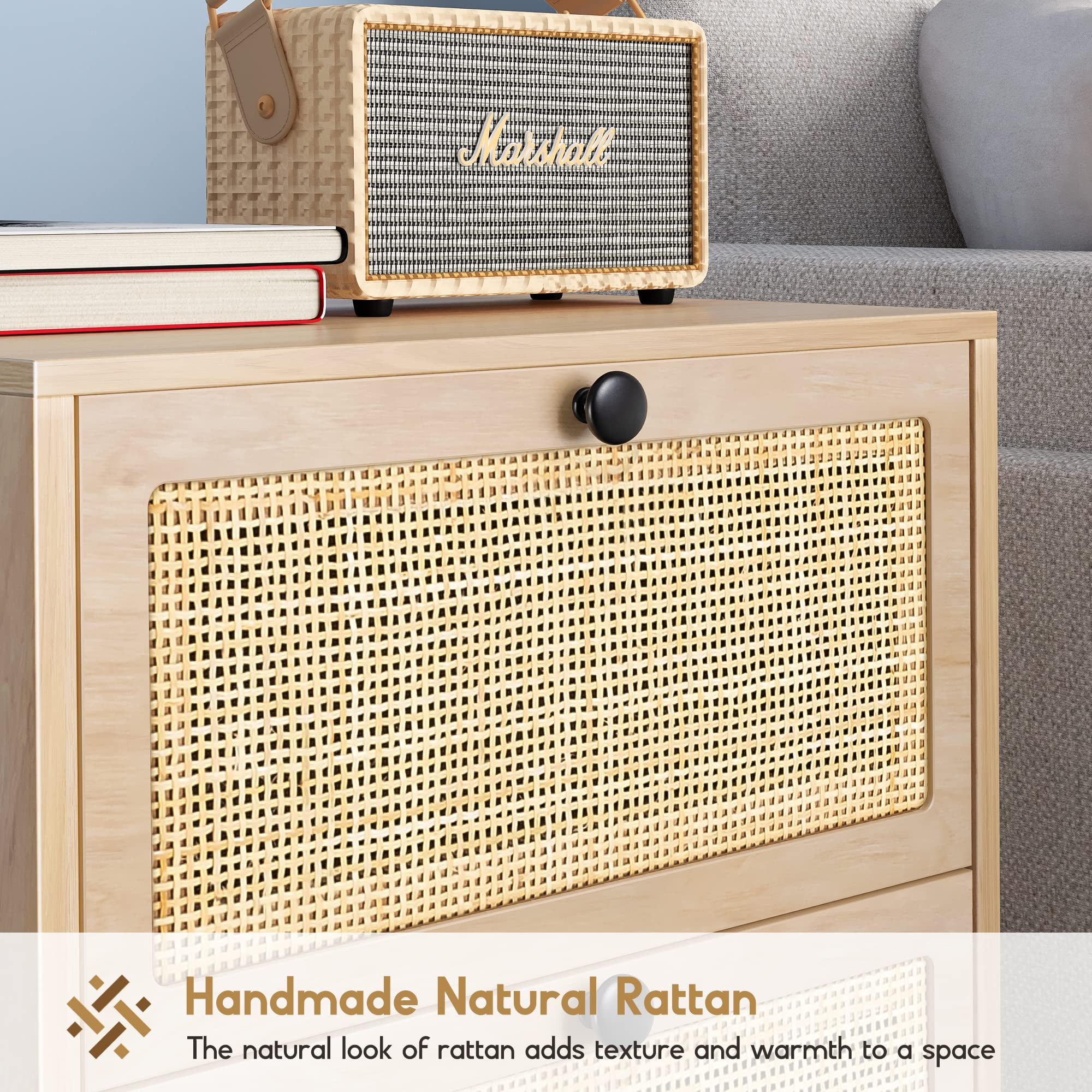 Brafabhome Rattan Nightstands with 2 Drawers, Modern Bedside Table with Large Storage for Bedroom, Accent Sofa End Tables for Living Room, Set of 2 | Nature