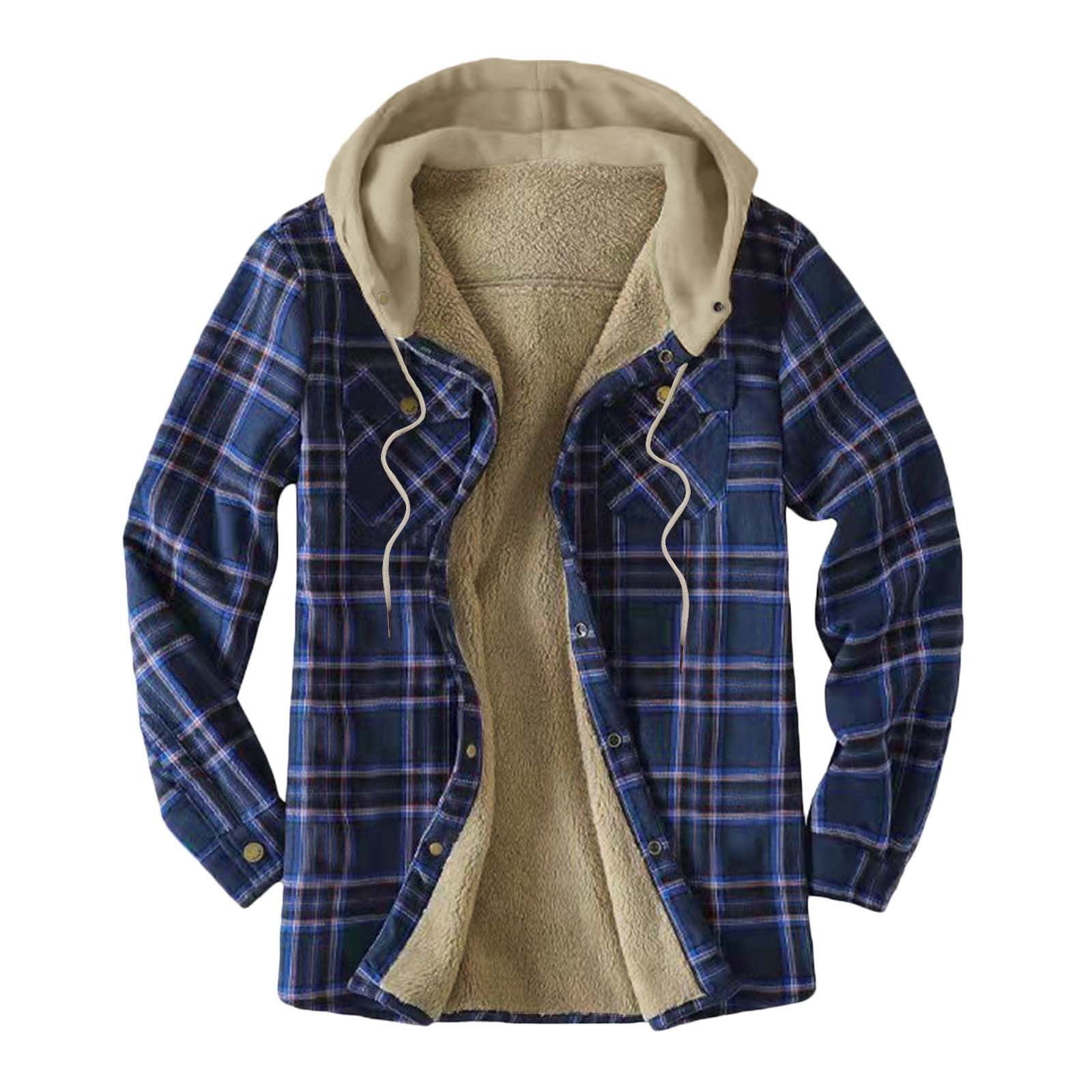 DDAPJ pyju Men's Cotton Plaid Shirts Jacket Fleece Lined Flannel Shirts Sherpa Button Down Jackets with Hood for Men Dark Blue XXL