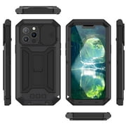 iPhone 13 Pro Max Case 6.7 with Screen Protector, TECHCIRCLE Heavy Duty Military Metal Hybrid Rugged Kickstand Water-Resistant Shockproof Full Protective Cover with Slide Camera Protector, Black