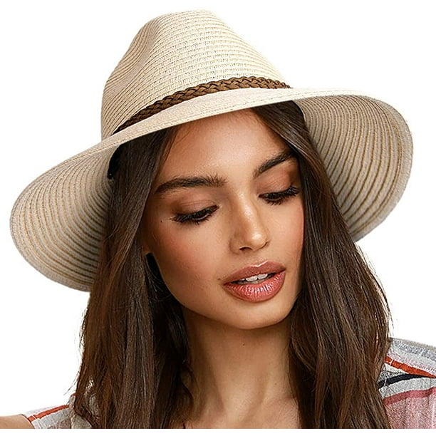 Sun Hats for Women Summer Wide Brim UV UPF 50+ Panama Fedora Foldable  Packable Straw Beach Hat 