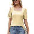 thumbnail image 1 of Blusa de manga corta abombada para mujer, Color puro, ahuecada, suelta, informal, de verano, camiseta amarilla S, 1 of 8