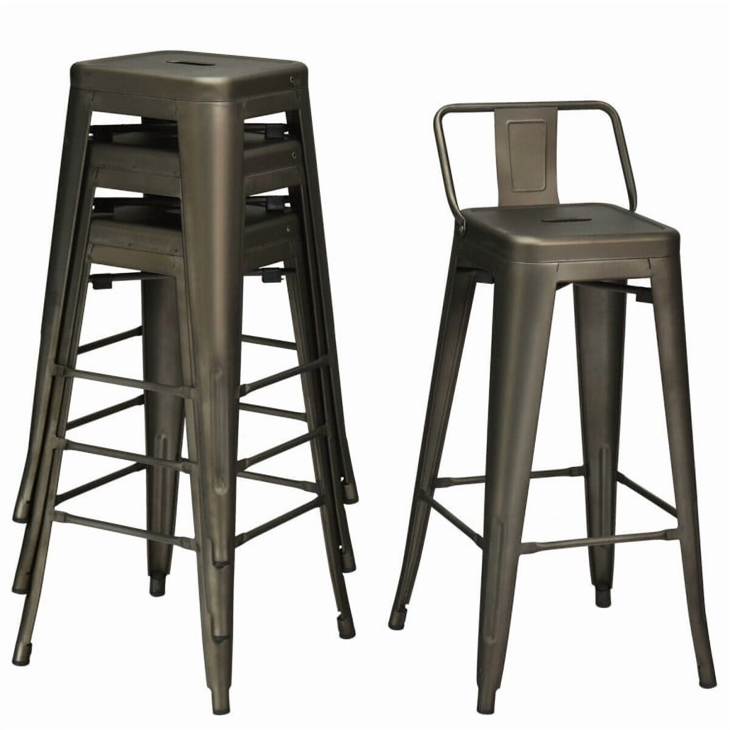 Demi Bonn 30" Set of 4 Metal Counter Height Barstools with Low Back and Rubber Feet, Modern Dining Chair, Brown