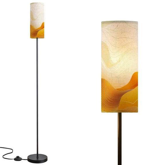 Floor Lamp for Living Room with 3 Color Temperature Mustard Curved Lines Modern LED Standing Lamp，Minimalist Tall Lamp with linen lamp shade