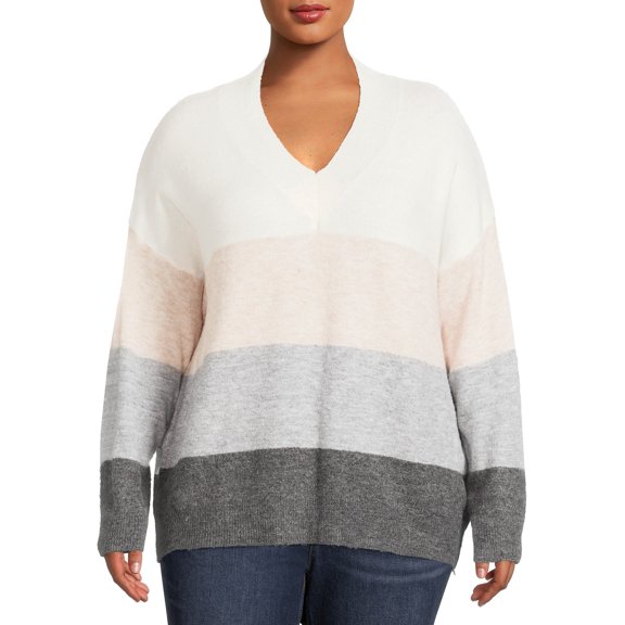 Dreamers by Debut Women's Plus Size Colorblocked V-Neck Sweater