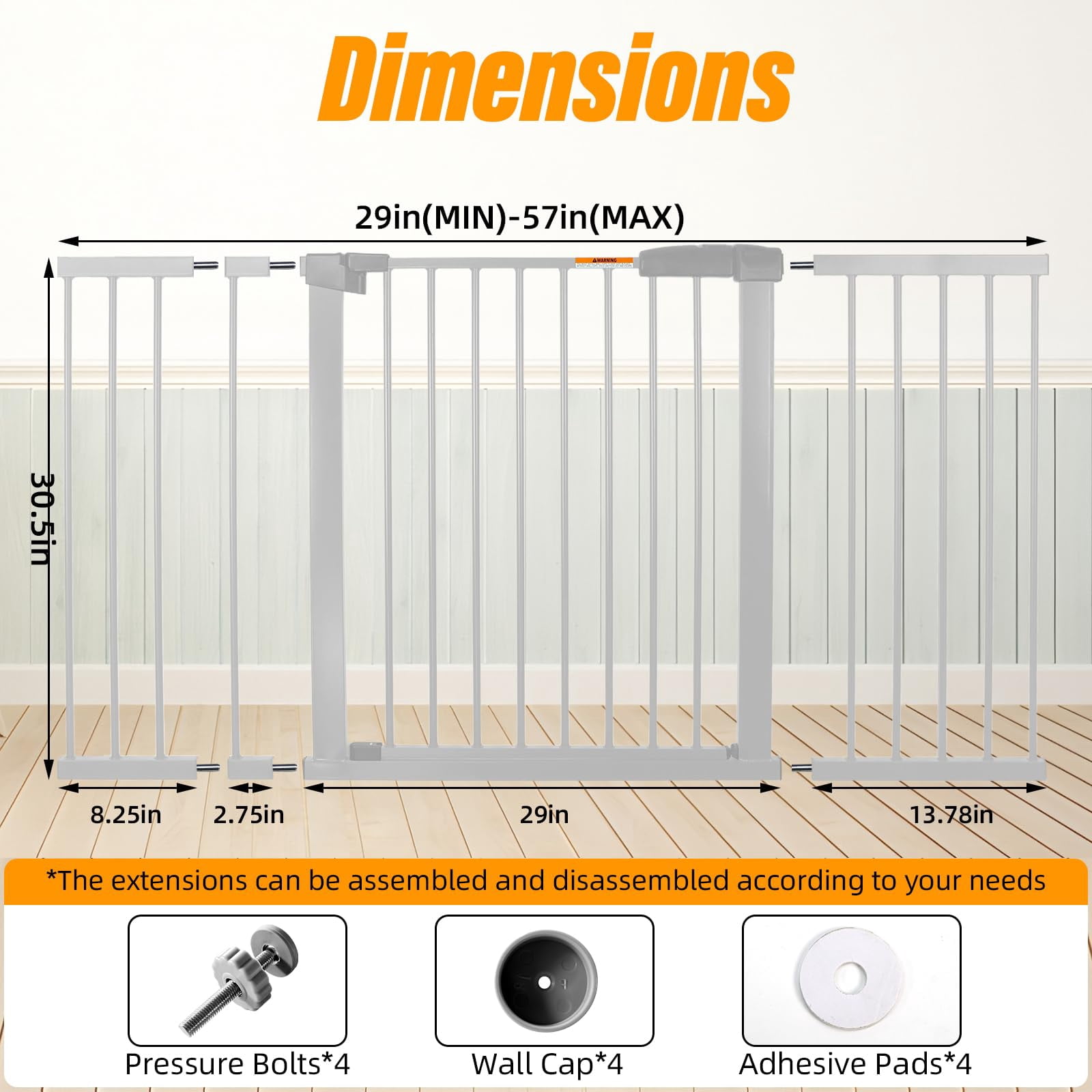 29-57 Inch Dog Gate Indoor, Adjustable Pet Gates for Wide Openings, Pressure Mounted Pet Fence, No Drilling, Expandable Dog Gate for Doorways, Stairways and Hallways (Black, 29"-57" W x 30.5“H)