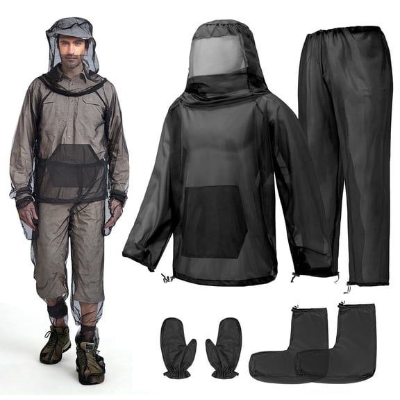 IC ICLOVER Mosquito Suit for Men Women, 4 Pcs Full Body Mosquito Repellent Clothing Bug Suit, Including Jacket, Pants, Gloves, Socks Breathable Net Mesh
