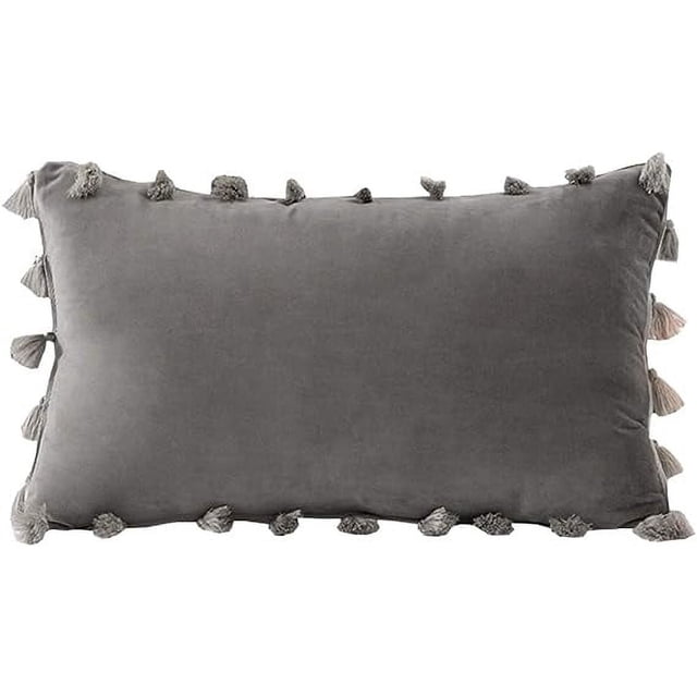 Granjero Gordo Funda de almohada decorativa de terciopelo suave con borlas, gris, 30 x 50 cm