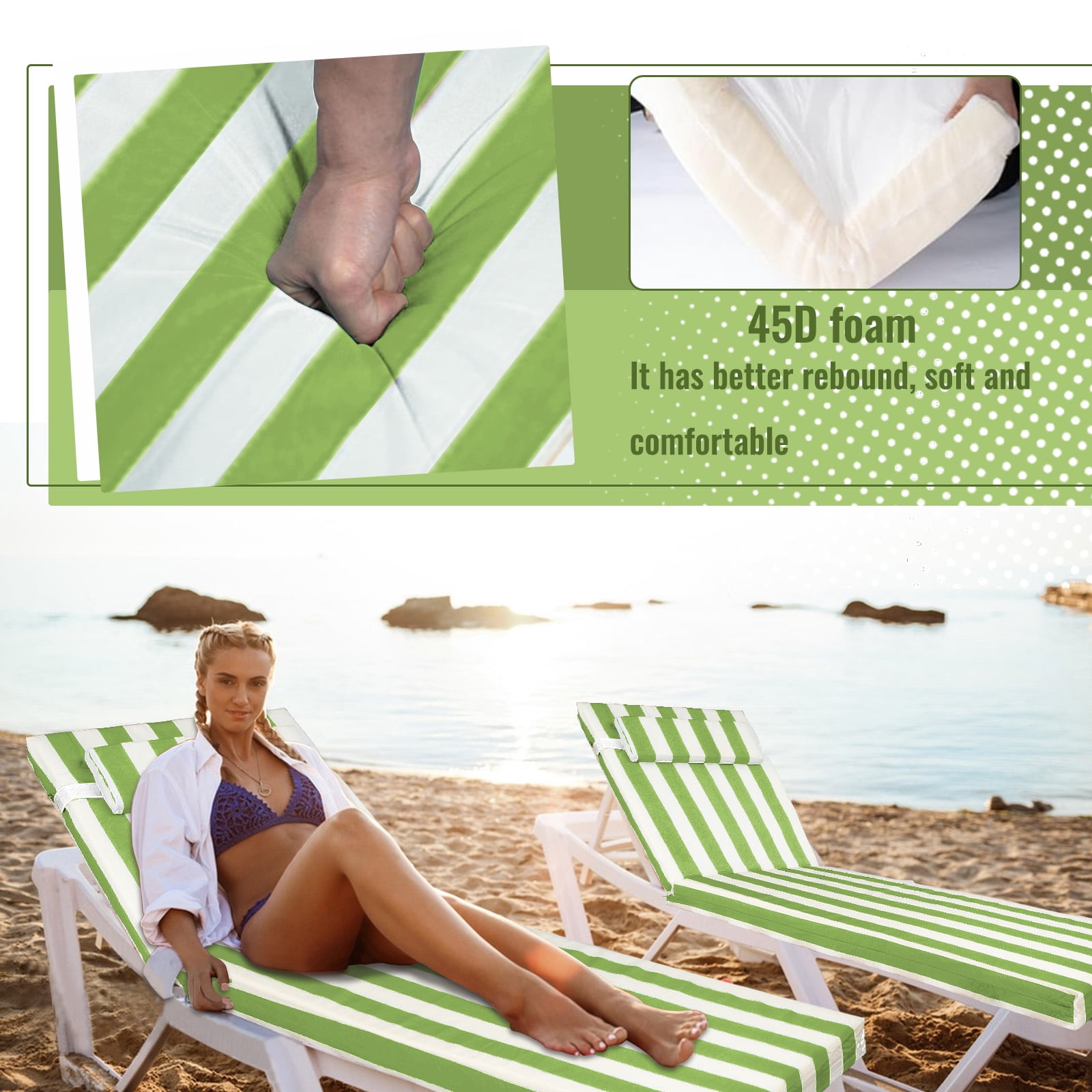 SDJPOI Outdoor Chaise Lounge Cushions, 72×21×3in Patio Chair Cushion for Pool & Beach（Grass White）