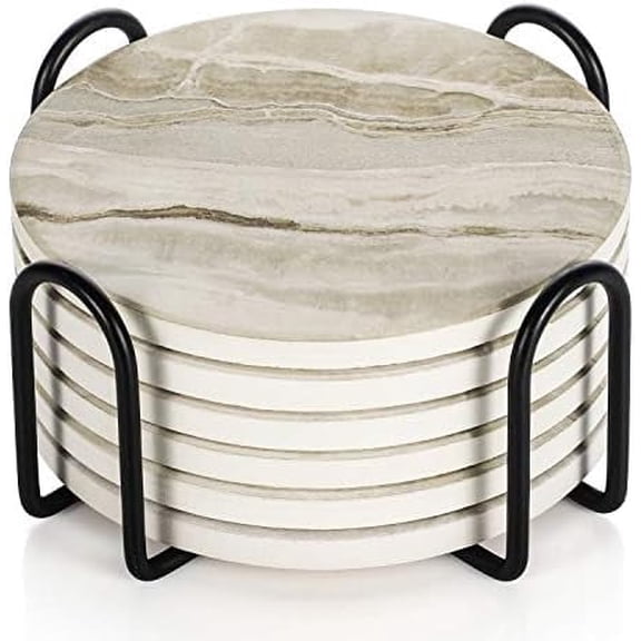 Drink Coasters with Holder, Absorbent Coaster Sets of 6, Marble Style Ceramic Drink Coaster for Tabletop Protection,Suitable for Kinds of