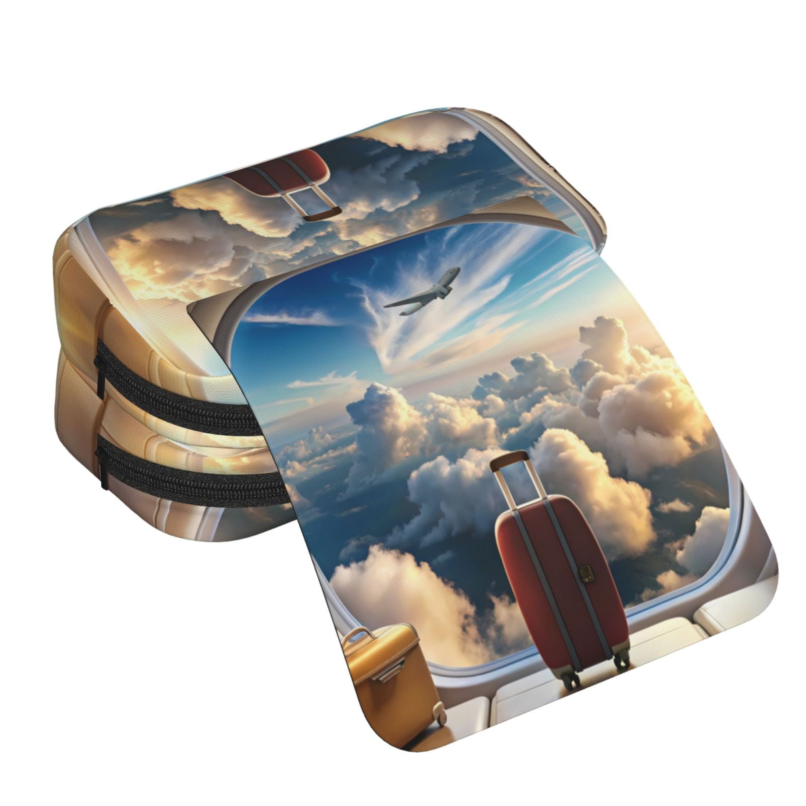 Rateoe Sunset Airplane Travel View Pattern Double Clamshell Pen Case, Storage Organizer with Two Zipper Compartments– Holds Up to 50 Pencils & Pens