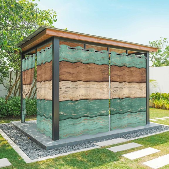 Outdoor Curtains for Patio Waterproof, Farmhouse Teal Brown Outdoor Privacy Panels Grommet, Vintage Wooden Striped Blackout Outside Curtains for Porch/Cabana/Pergola/Gazebo 54"x84", 2 Panels