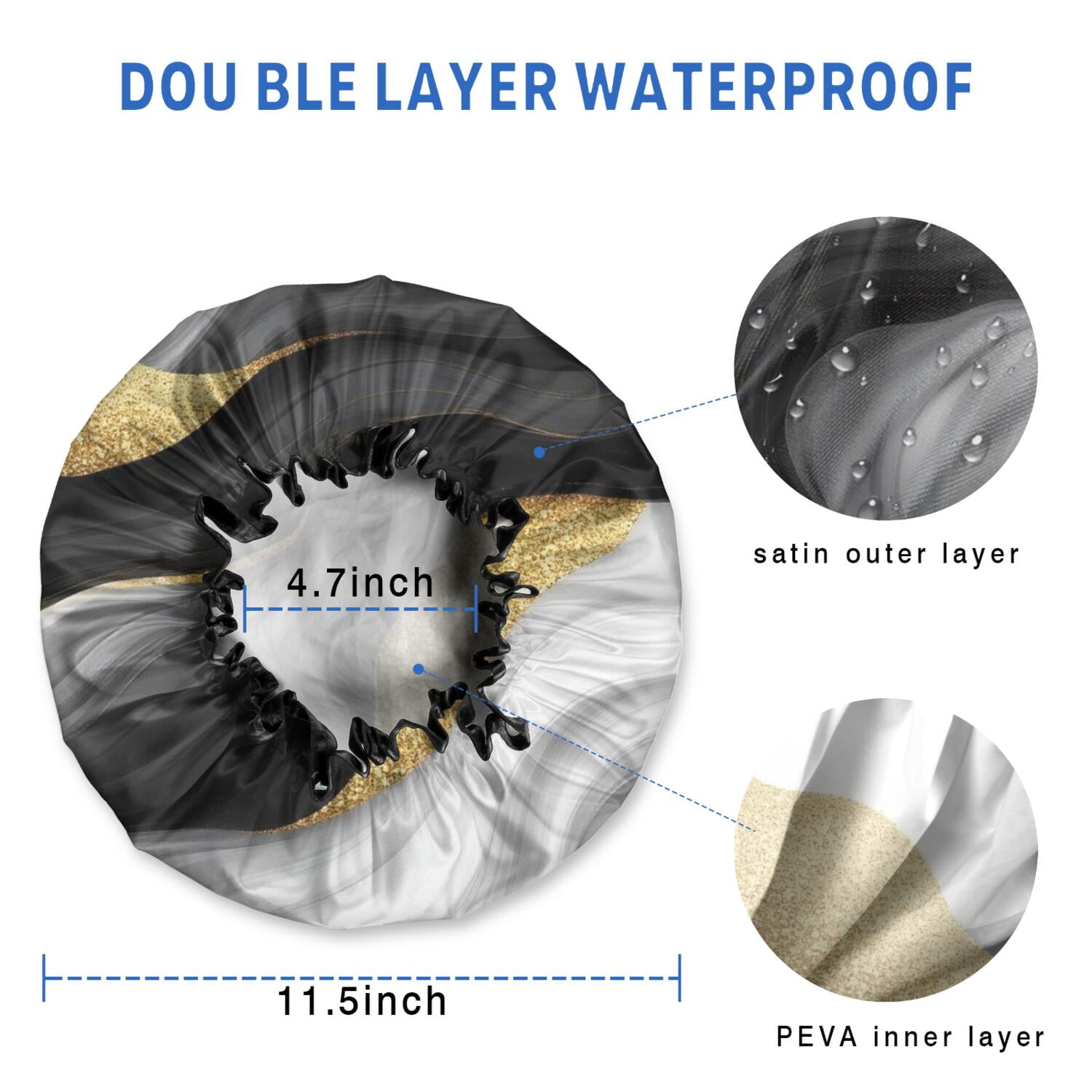 Shower Caps,Black White Marble Gold Wave Pattern Waterproof Shower Cap for Women 4 Pieces,Double Reusable Hair Cover for Shower PEVA Elastic Stretch Hem