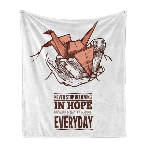 Hope Soft Flannel Fleece Throw Blanket, Hands Holding an Origami Crane with a Miracles Happen Everyday Words, Cozy Plush for Indoor and Outdoor Use, 50" x 60", Pale Orange Brown White, by Ambesonne