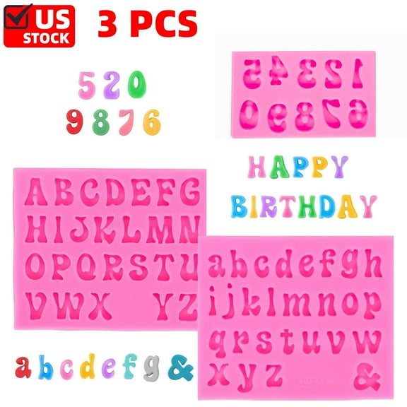 3Pack Silicone Fondant Letters Molds and Numbers Molds, 0-9 Numbers and 26 Letters Silicone Fondant Chocolate Molds for Decorating Cake Candy Chocolate DIY Cake Decorating