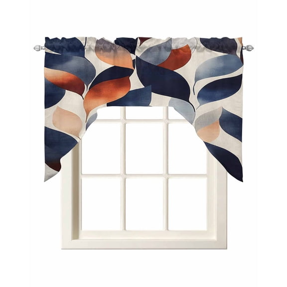 Navy Blue Burnt Orange Swag Valances for Windows, Small Curtains Drapes, Botanical Abstract Palm Leaf Kitchen Window Curtains Over Sink Window Treatment Valance for Bedroom/Bathroom 56"x36"