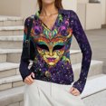 thumbnail image 6 of Womens Mardi Gras Shirts Glitter Mask Print V Neck Graphic Tee Sparkly Long Sleeve Purple Blouse Purple M, 6 of 7