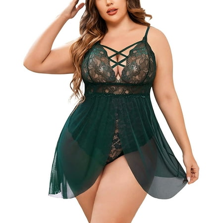 

EKOUSN Plus Size Lingerie For Women Sexy Satin Nightgown Lace Babydoll Side Slit Strappy Chemise