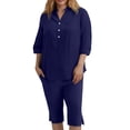 thumbnail image 2 of QIYAGBSA 2 Piece Sets for Women with 3/4 Sleeve Notched Neck Top and Bermuda Shorts Relaxed Fit Summer Vacation Outfit (Navy L), 2 of 3