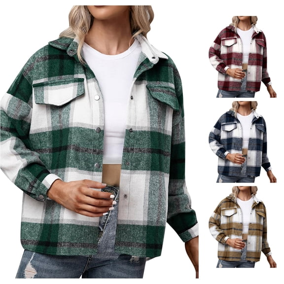 Wxolcjlv Women's Jacket Plaid Print Jacket Button Up Cut Outdoor Coat