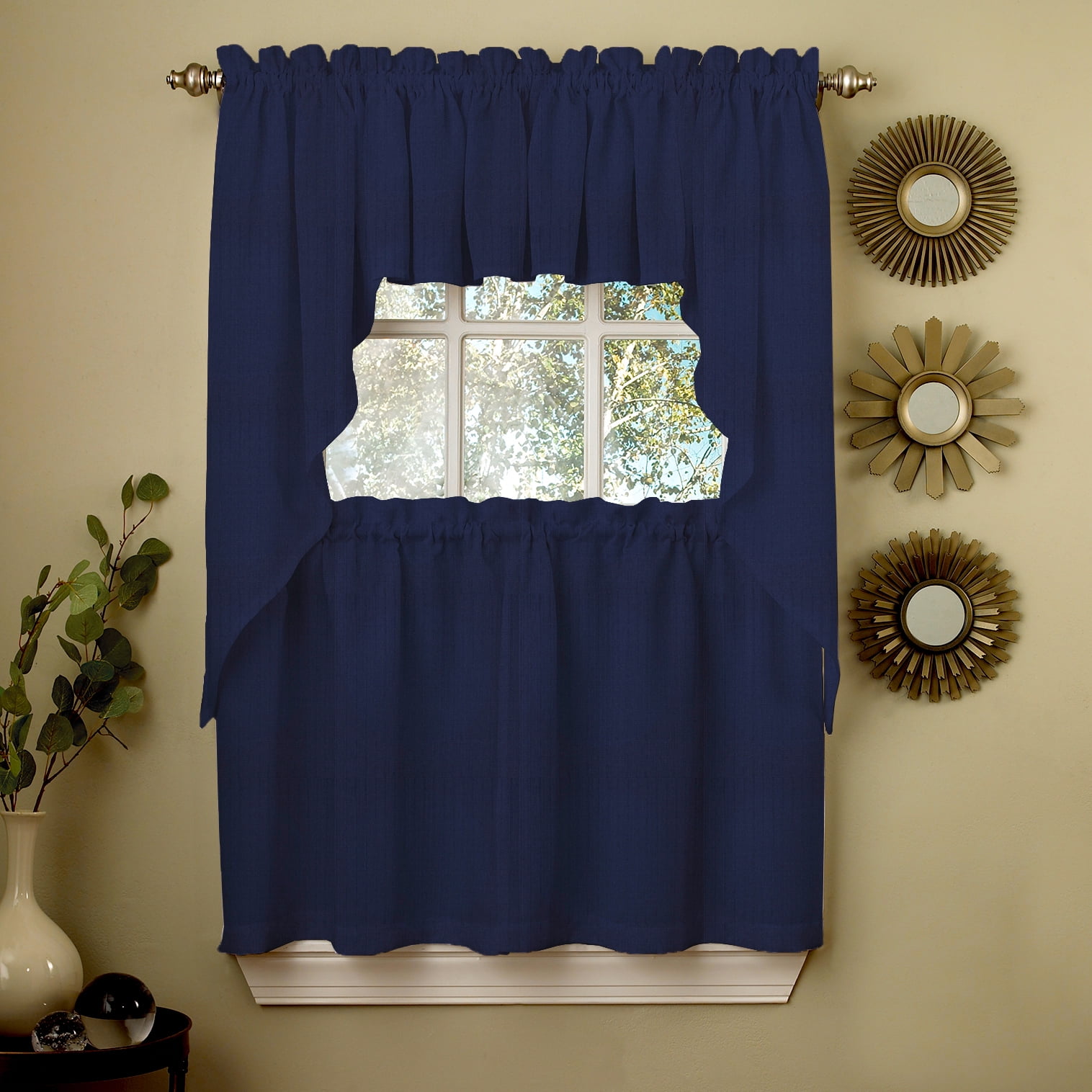 Navy Solid Opaque Ribcord Kitchen Curtains Choice Of Tiers Valance Or Swag Walmartcom Walmartcom