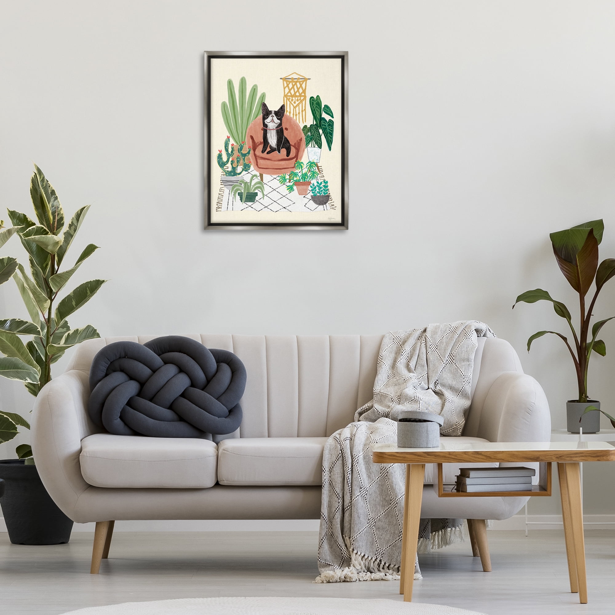 Stupell Industries French Bulldog & Plants Animals & Insects Painting Gray Floater Framed Canvas Art Print Wall Art, 25 x 31