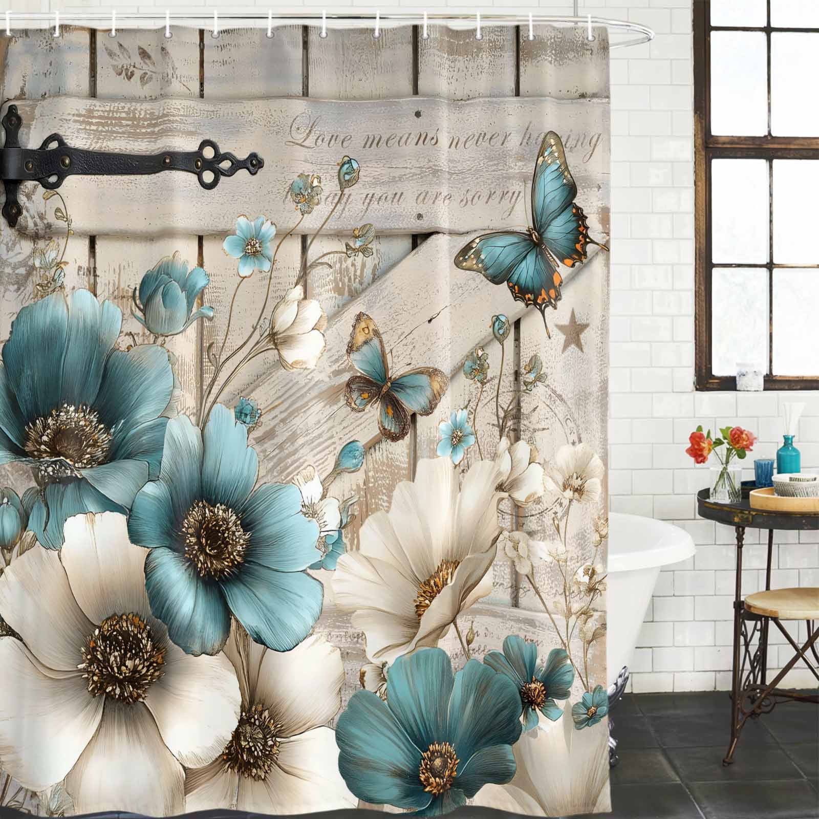 Teal Tulip Butterfly Shower Curtain, Waterproof Shower Curtains for Bathroom, Beige Turquoise Floral Farmhouse Wooden Washable Fabric Bathtub Curtain Set Bath Decor with 12 Hooks Stall 36"x72"